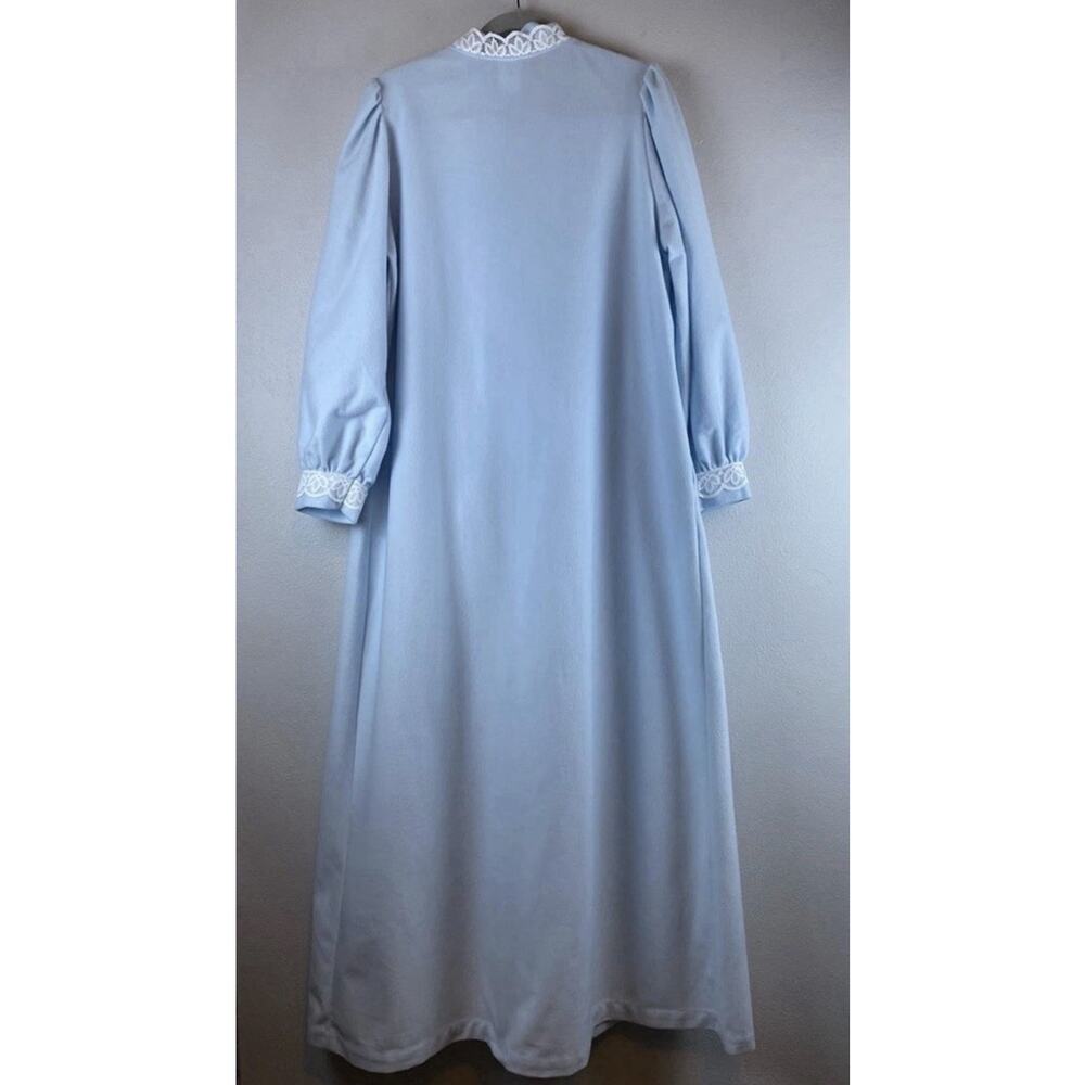 Vintage Vandemere Blue Ctn Flannel Lace Tie Front Embrdrd Cottage Core Long Robe - Picture 6 of 6